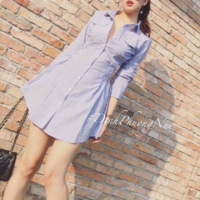 ĐẦM DÁNG SUÔNG SƠ MI SỌC ĐAN EO