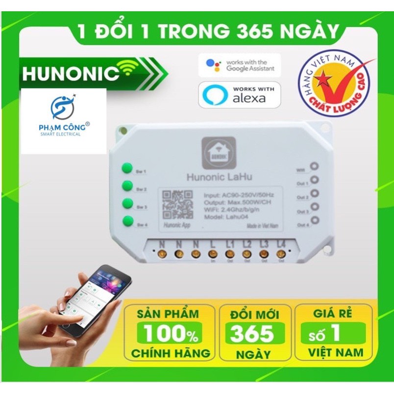 Công Tắc Điều Khiển Từ Xa Qua Điện Thoại Hunonic Lahu 4 kênh│Công tắc thông minh kết nối Wifi│Ổ cắm điện thông minh.