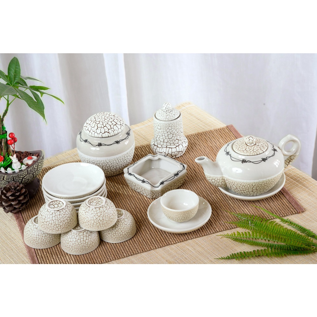 Bộ ấm chén men rạn lưới, bộ bình trà Gốm Bát Tràng thương hiệu Gốm Lạc Việt cao cấp, pha trà tuyệt ngon