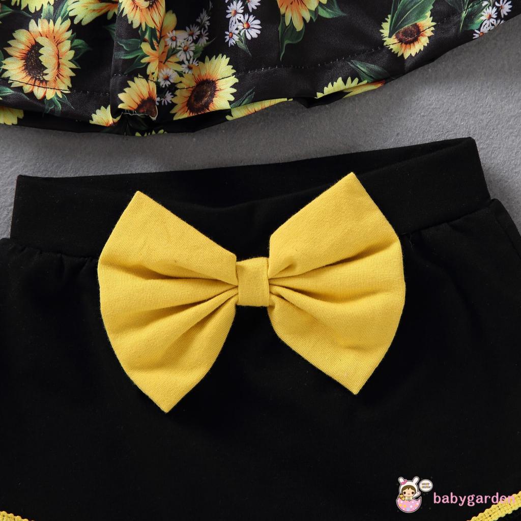 Set Đồ Mùa Hè 2 Món Gồm Áo Hai Dây In Hoa Hướng Dương + Chân Váy Yếm Đính Nơ Cho Bé Gái 0-12 Tháng Tuổi
