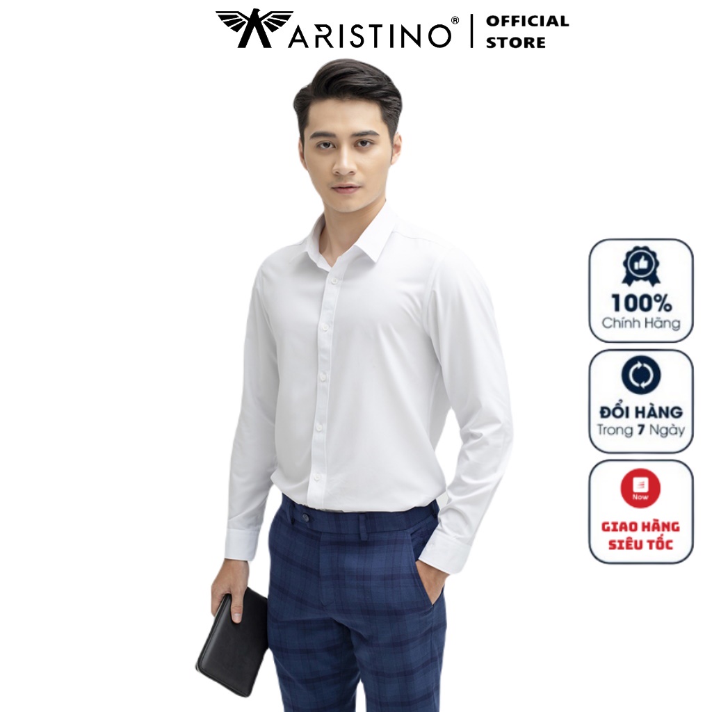 Áo Sơ Mi Trắng Dài Tay Nam ARISTINO ALSR18 Somi Công Sở Cao Cấp trơn màu vải micro polyester dáng ôm tà lượn không túi