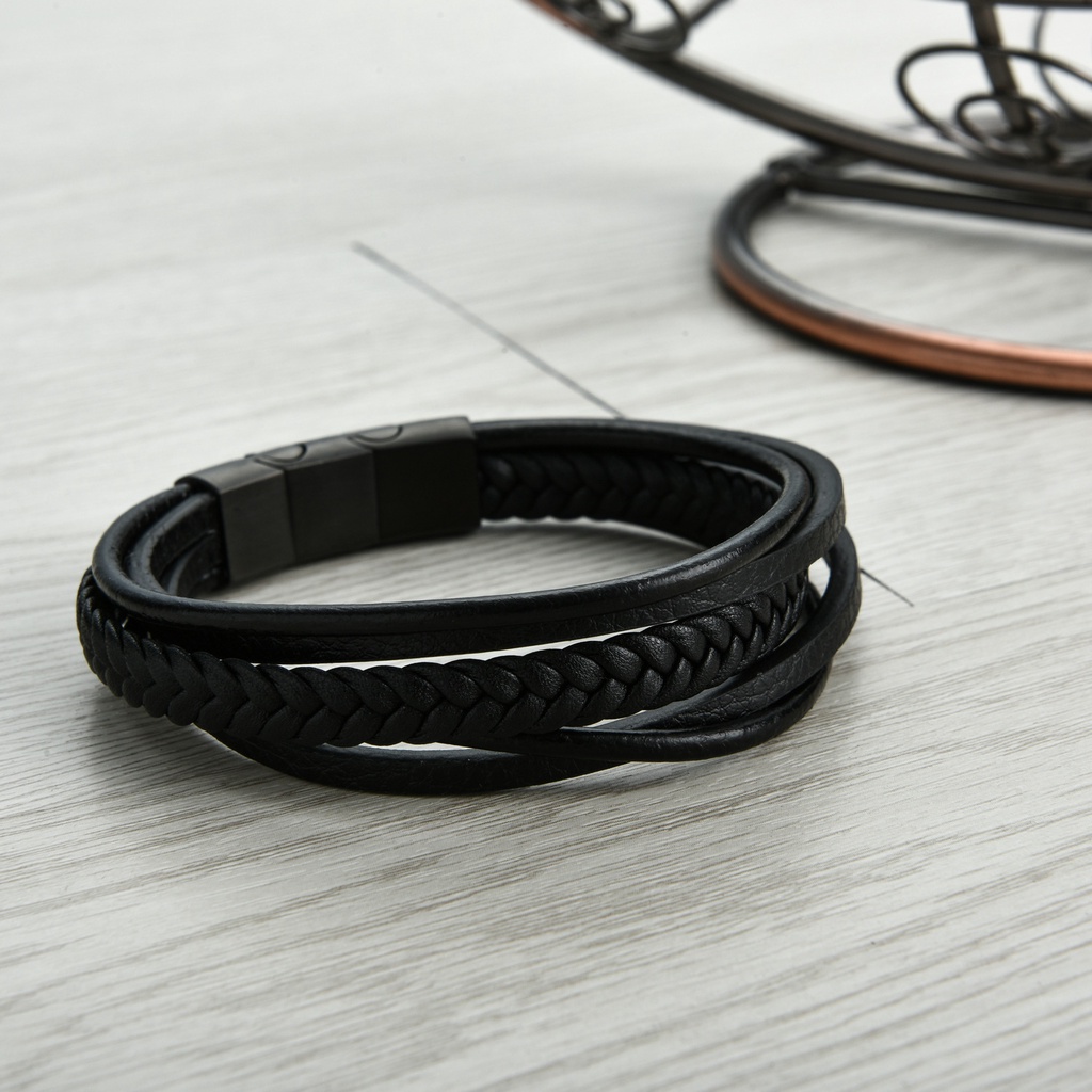 Vòng Tay Nam Lắc Tay Unisex Leather Thời Trang Vòng Tay Nam Nữ Punstore Màu Đen Da Cao Cấp - Vòng Leather