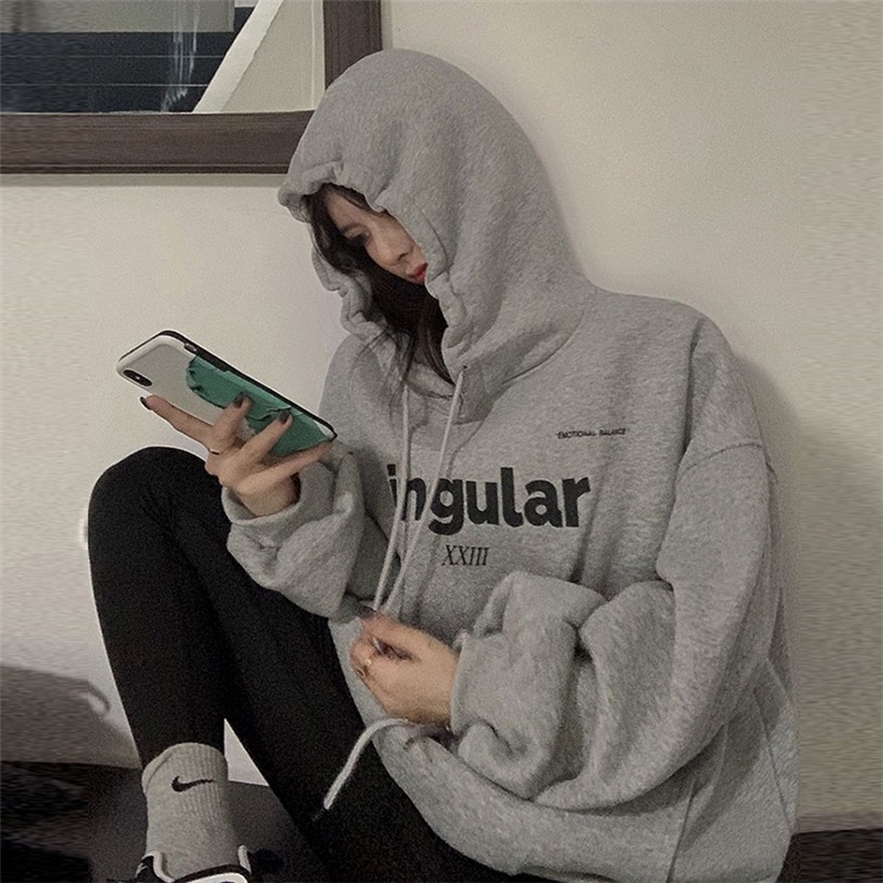 Áo hoodie tay dài ZHELIHANGFEI dáng rộng họa tiết in theo phong cách preppy dễ phối đồ