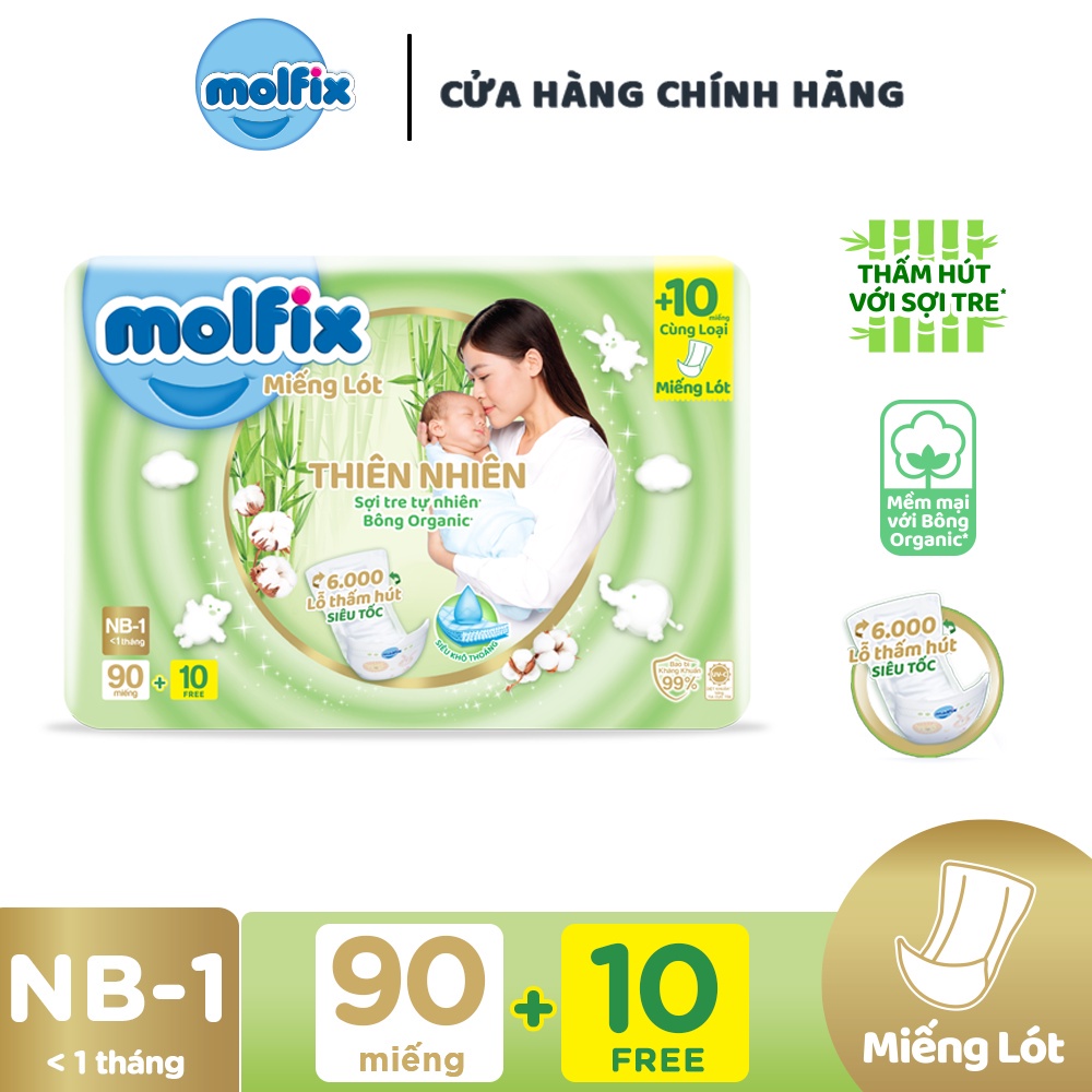 Miếng lót Molfix thiên nhiên bông Organic Newborn 1 sơ sinh ( NB1 90 + 10 , NB1 64 + 10 , NB2 60 + 6 )