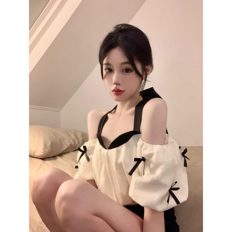 UIOWOO  Áo Trễ Vai Tay Phồng Đính Nơ Màu Sắc Ngọt Ngào Thời Trang Cho Nữ Xu hướng