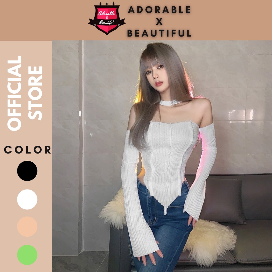 [AdorablexBeautiful] Áo Ống Tay Dài Cổ Yếm Trễ Vai Hở Lưng Nhiều Màu Phong Cách Sexy Quyến Rũ Ulzzang