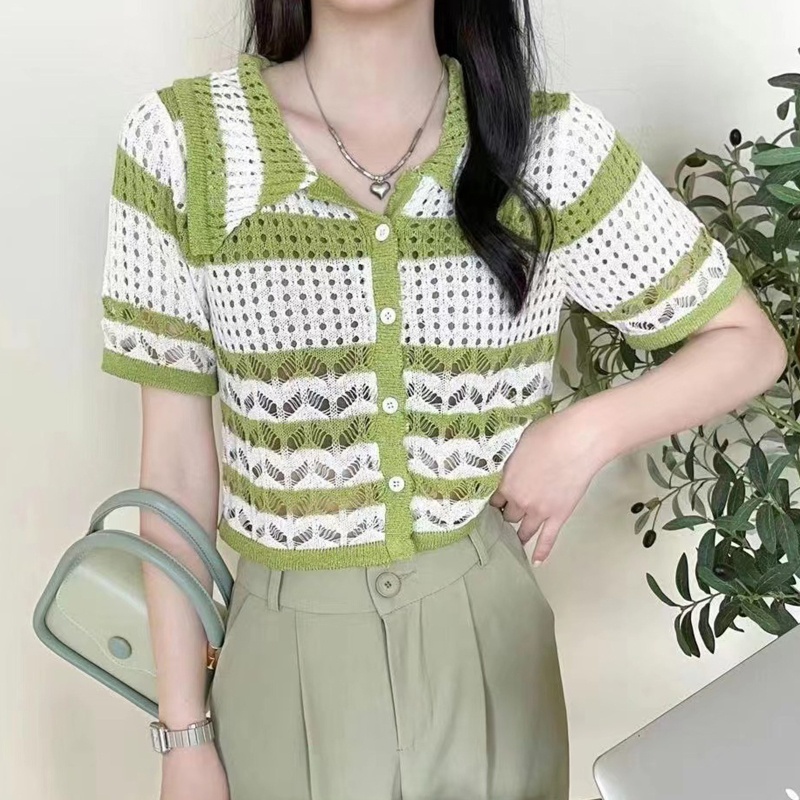 Áo Khoác Cardigan Dệt Kim Cài Nút Tay Ngắn Họa Tiết Kẻ Sọc Thời Trang Mùa Hè Cho Nữ