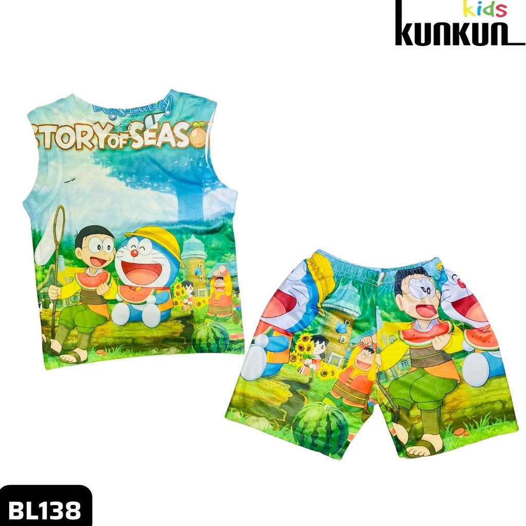 Quần áo trẻ em in 3D doraemon rừng xanh thun lạnh - Bộ ba lỗ bé trai size đại từ 10-60kg cao cấp Kunkun BL138