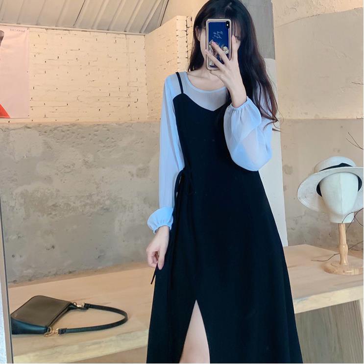 Váy đầm đen cổ tròn tay dài liền mảnh đuôi xẻ tà phong cách Hàn Quốc MS413