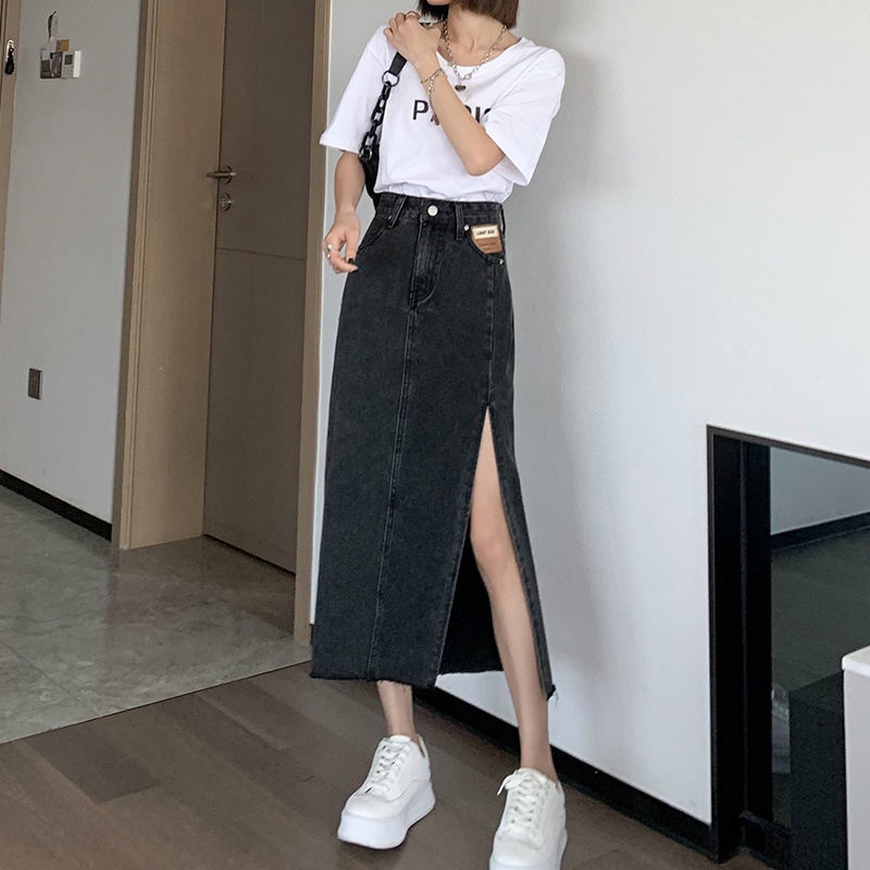 Chân váy jean chữ A lưng cao xẻ tà thời trang mới cho nữ