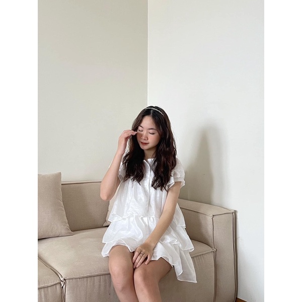 Đầm babydoll 2 lớp cất kim sa siêu đẹp, Váy voan tầng cổ sen tay bồng tiểu thư bánh bèo (TTA108)