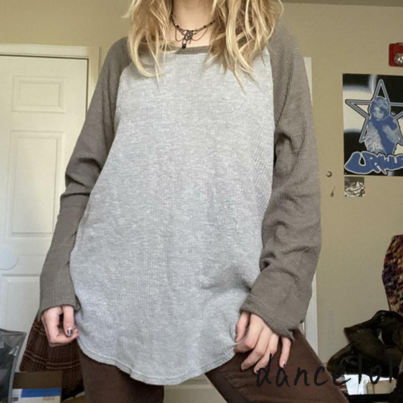 Áo Thun Tay Dài Cổ Tròn Phối Màu Sắc Tương Phản Phong Cách Cổ Điển Cho Nữ dance1o1