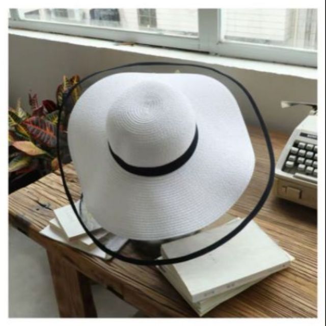 Mũ cói đi biển vành rộng viền lưới đai đen siêu đẹp