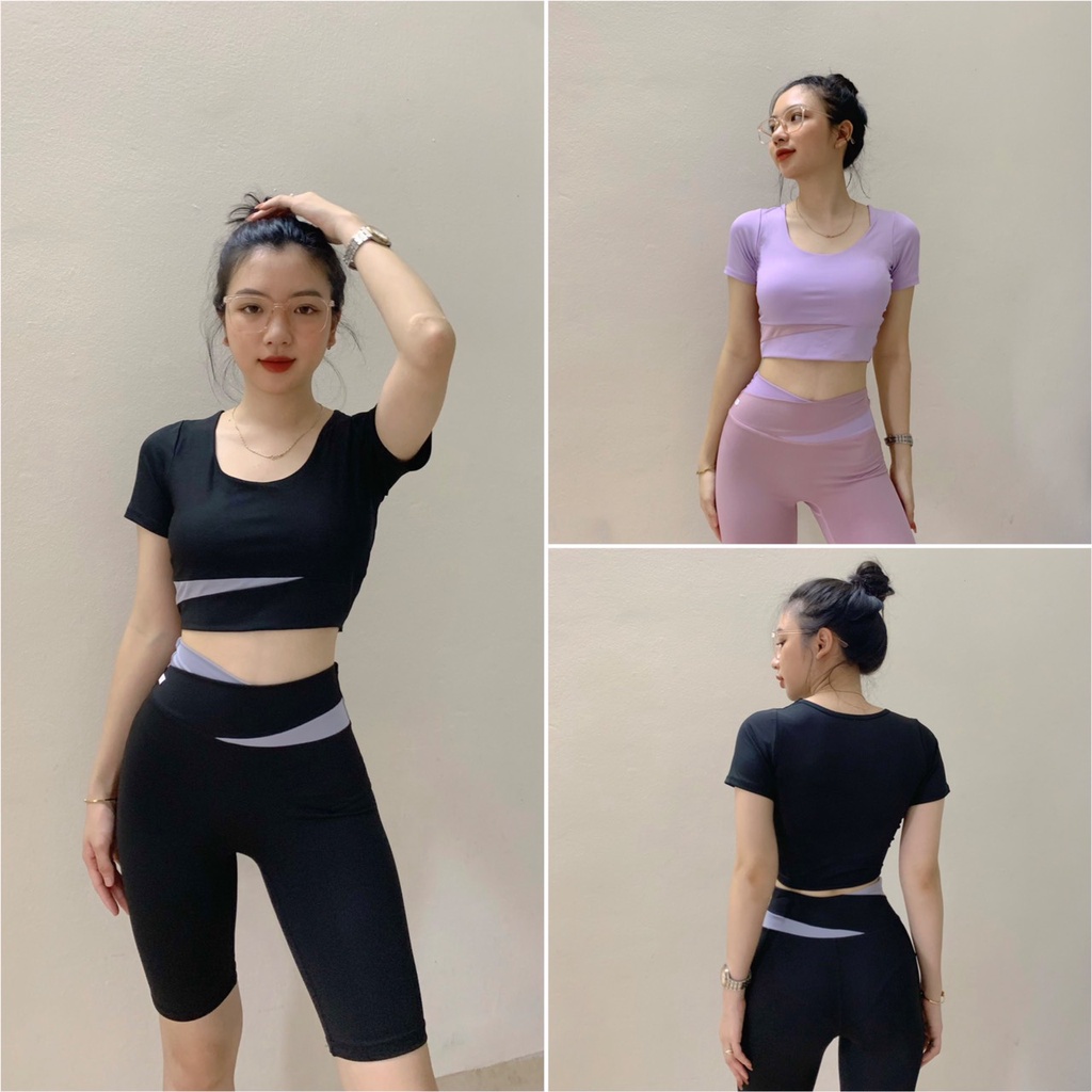 Bộ quần áo tập gym nữ phối 2 màu đồ tập yoga aerobic nữ có tay chất đẹp )