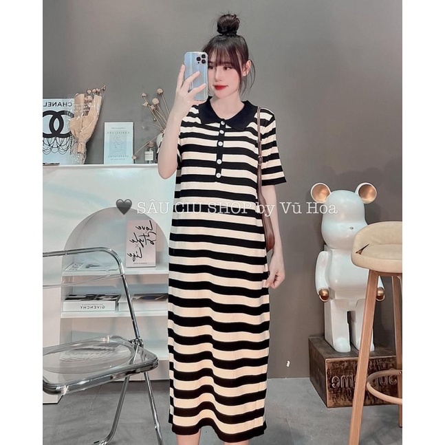 Đầm Len Kẻ Ngang Cổ Bẻ Dáng Dài Siêu Hot