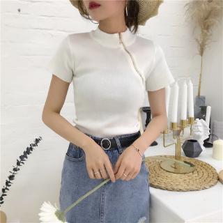 Áo thun tay ngắn cổ cao phối khóa kéo thời trang cá tính cho nữ