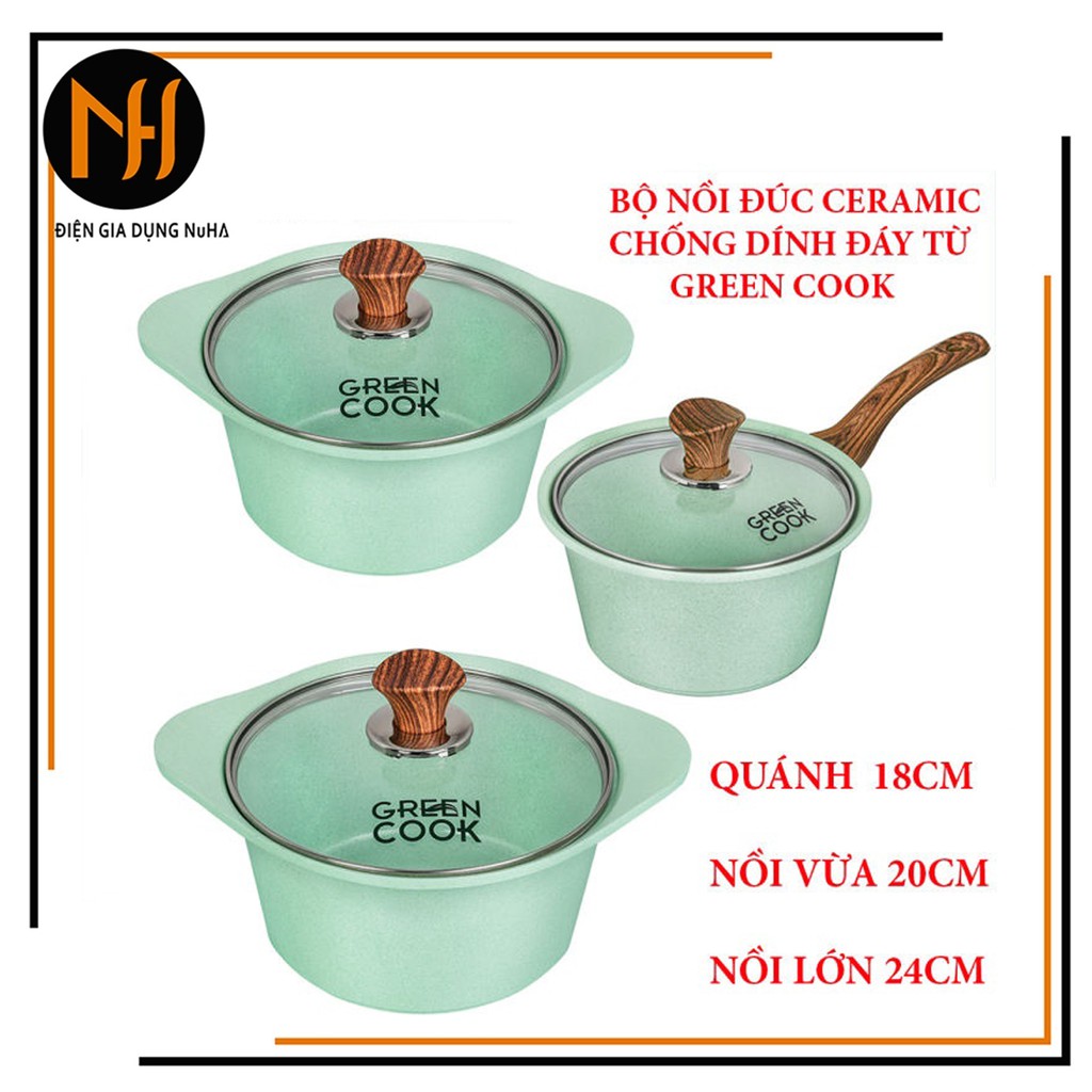 [Hàng chính hãng]Bộ 3 nồi đúc quánh đúc Ceramic nắp kính chống dính 5 lớp đáy từ Greencook GCS05 Size 18cm/20cm/24cm