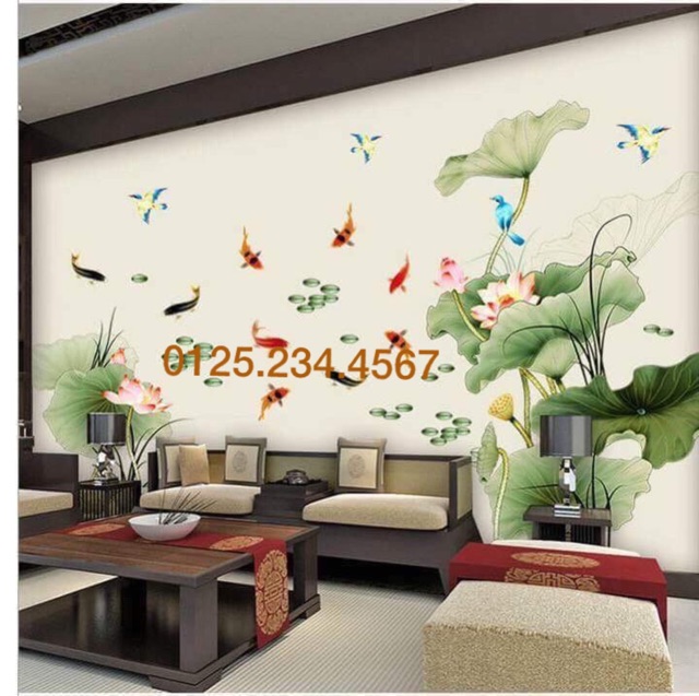 Decal dán tường Cá và hoa sen 3D SIÊU HOT | BigBuy360 - bigbuy360.vn
