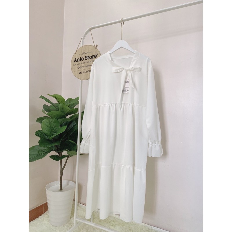 Đầm Babydoll Đuôi Cá Cổ Nơ Váy Nữ Trơn Tay Bồng 2 Màu | BigBuy360 - bigbuy360.vn