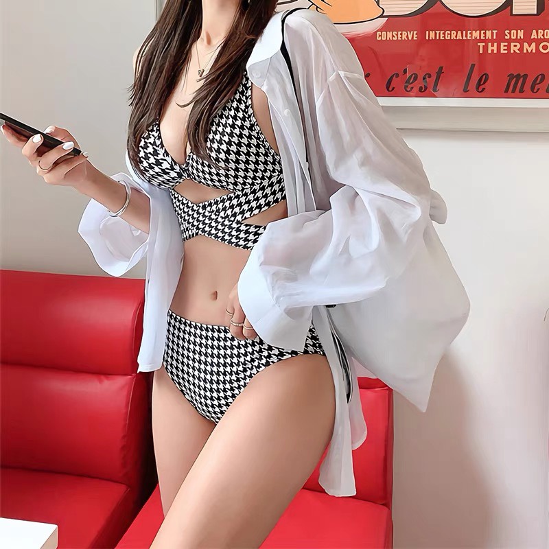 Bikini đi biển liền thân LUHAZO 1 mảnh hở lưng liền thân đồ bơi nữ sexy Hàn Quốc caro đen trắng D10T1
