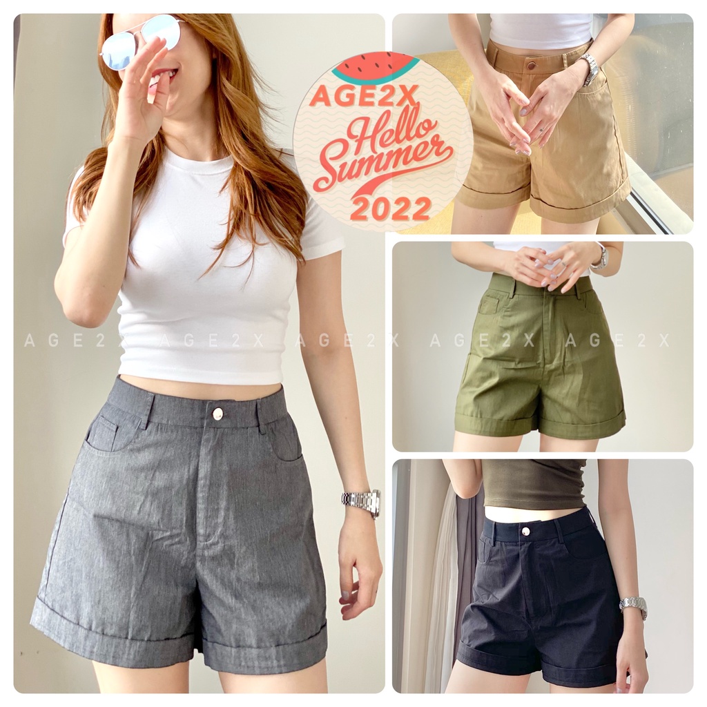 Quần Short ống rộng, Lưng Siêu Cao, chính hãng AGE2X, vải kaki 83% cotton, mềm, mát, ít nhăn, không ra màu, chuẩn HVNXK