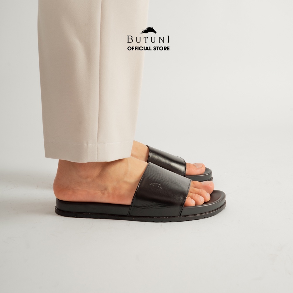 Dép quai ngang da bò full-grain Butuni Single Slippers - Đen - BH da thật 12 tháng