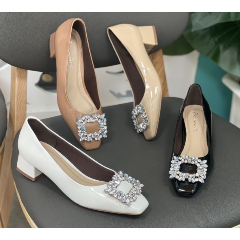 Giày cao gót mũi vuông gót trụ cao 3 phân gắn nơ đá