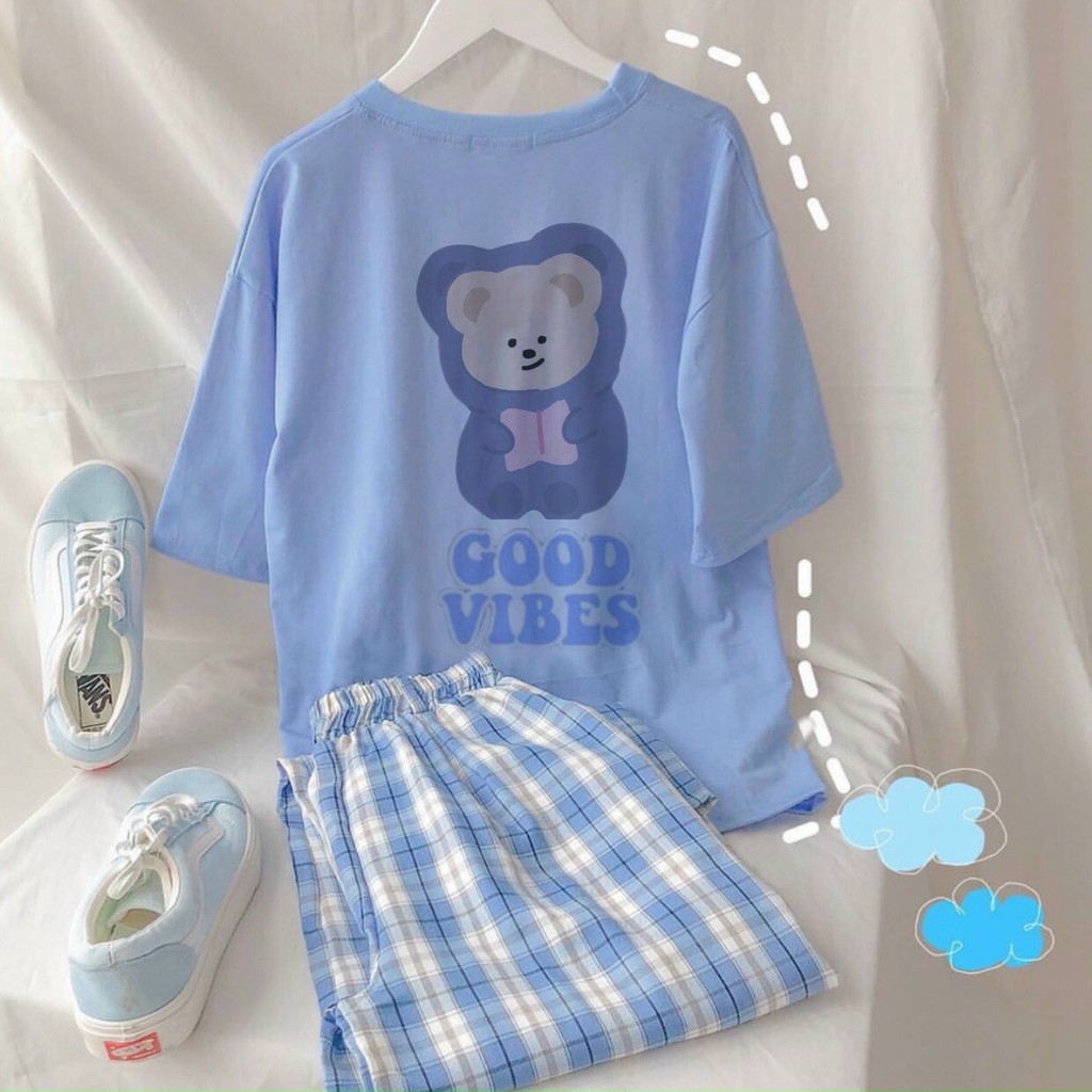 Set đồ nữ quần kẻ caro ống rộng, áo thun Unisex tay lỡ CHILL SHOP, thoáng mát freesize dưới 60kg | BigBuy360 - bigbuy360.vn