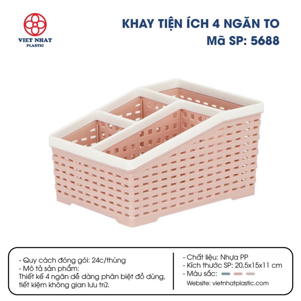 Khay nhựa tiện ích 4 ngăn mới loại to Việt Nhật, khay 4 ngăn để bàn đựng bút, đồ dùng đa năng .ĐTCA
