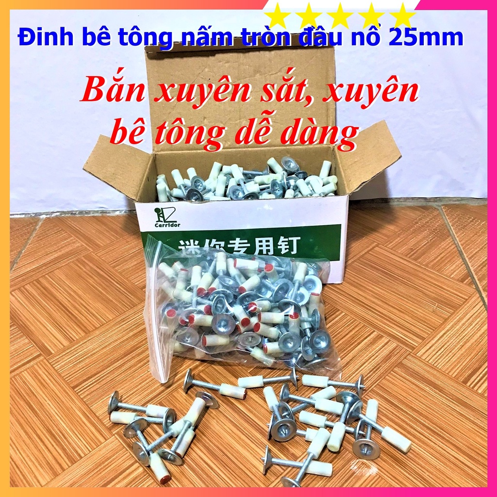 Đinh bê tông nấm tròn đầu nổ 25mm cho máy bắn đinh bê tông mini - Sản phẩm thế hệ mới nhất