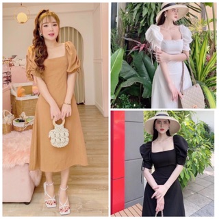 Đầm tay rút cổ vuông 3 màu
