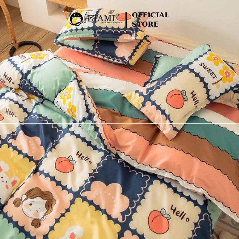 Bộ chăn ga gối  cao cấp ETAMI cotton poly cô gái thỏ cute miễn phí bo chun drap giường , ga trải giường P04