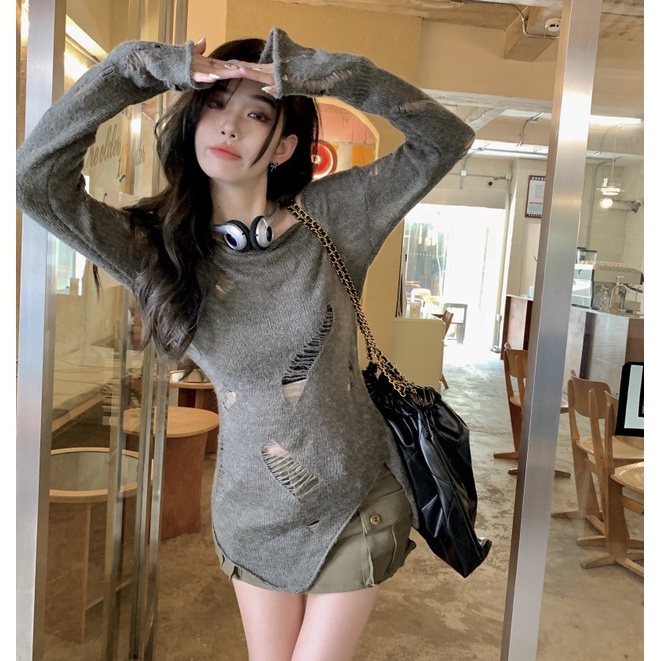 QKOOLE Áo dệt kim  tay dài chống nắng phong cách cổ điển Hàn Quốc gợi cảm dành cho nữ