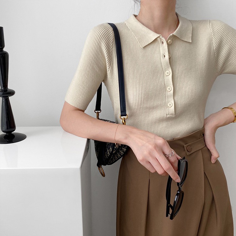 Áo thun gân nữ tay ngắn cổ polo 5 nút - AT2100 | BigBuy360 - bigbuy360.vn