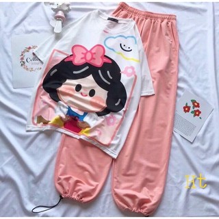 set áo thun cô bé nơ Hồng + quần bom cam chun gấu