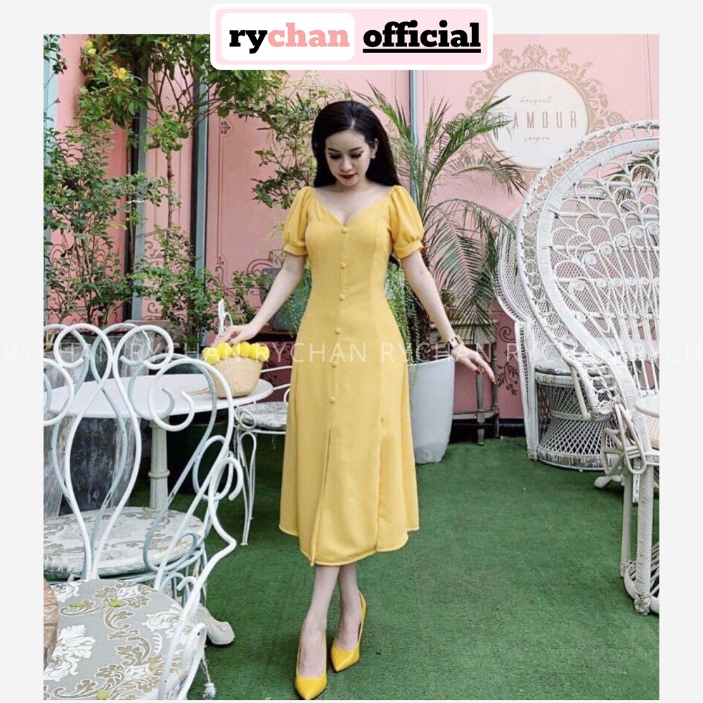 [Ảnh Thật Cuối] Đầm Xòe Dáng Dài Cổ V Đính Nút Bọc 3 Màu - DX869