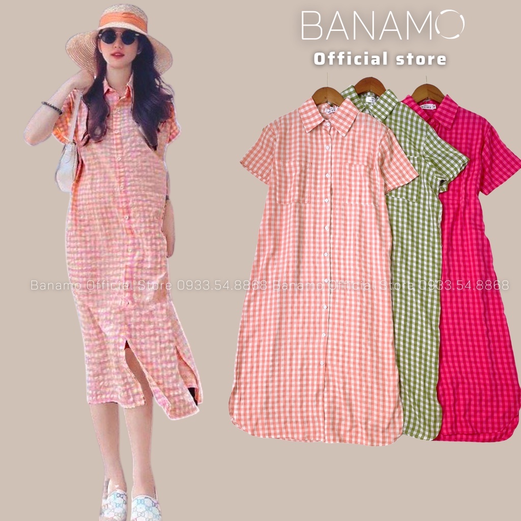 Đầm váy sơ mi suông kẻ caro nhiều màu siêu đẹp thời trang Banamo Fashion  sơ mi suông kẻ caro 5917