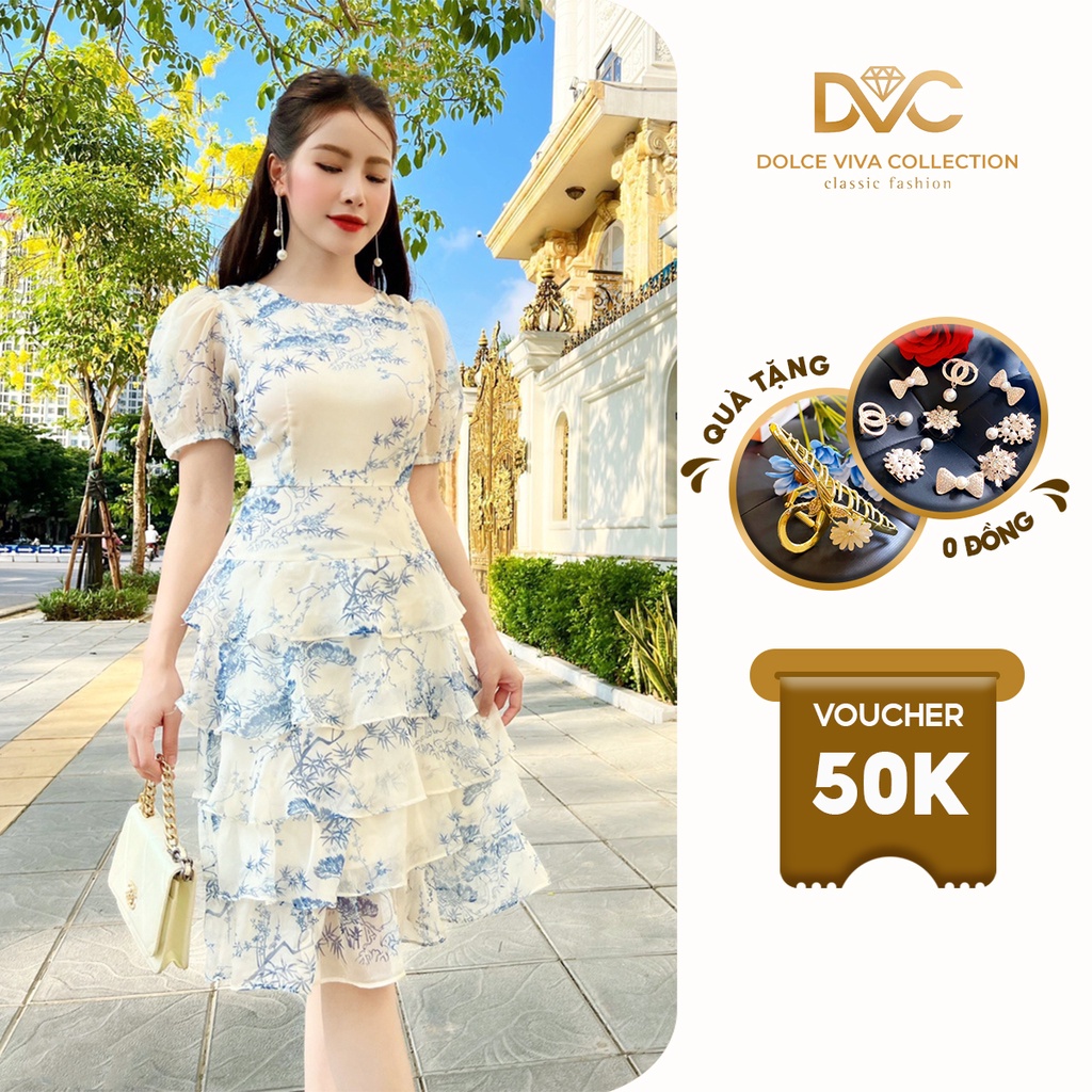 Váy trắng thiết kế cao cấp hoa xanh bèo tầng đi du lịch đi chơi V2938 - DVC
