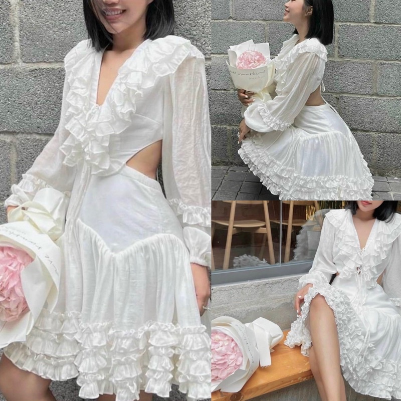 Đầm trắng hoa nổi cổ yếm tay lỡ cutout 💖 KÈM ẢNH THẬT | BigBuy360 - bigbuy360.vn