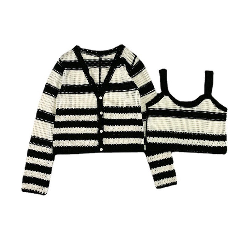 Set Áo Hai Dây + Áo Khoác Cardigan Họa Tiết Sọc Ngang Thời Trang Dành Cho Nữ