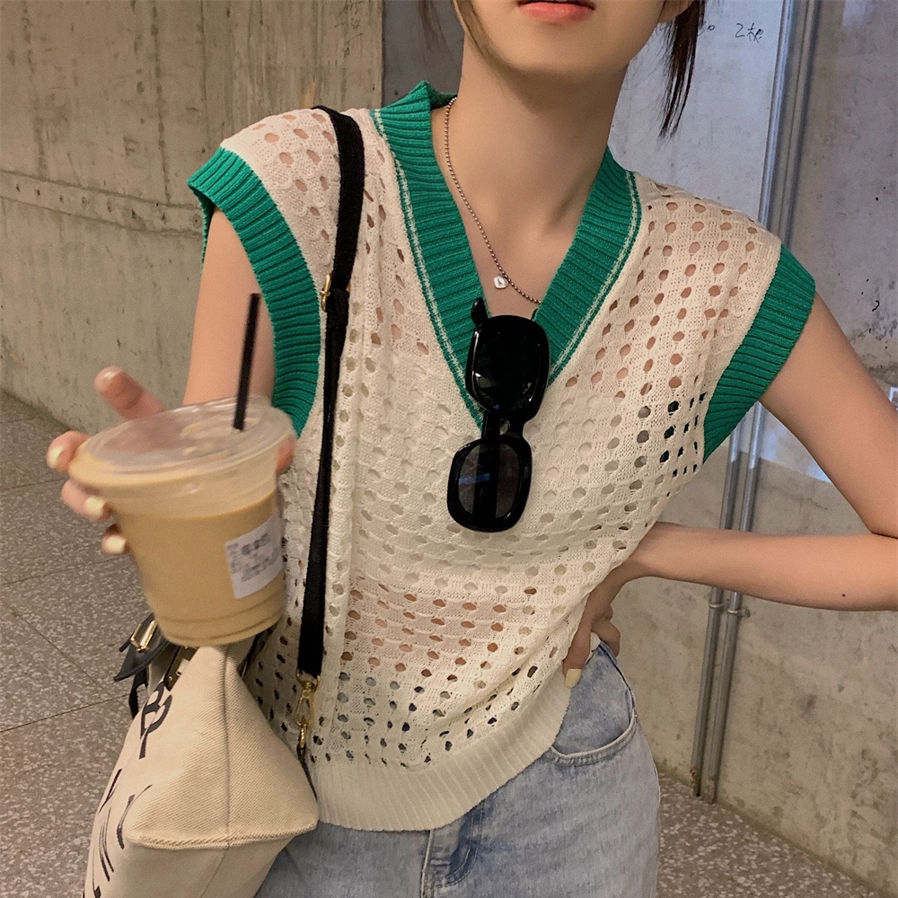 Áo Dệt Kim Sát Nách Dáng Rộng Cổ Chữ V Màu Sắc Tương Phản Thời Trang Mùa Hè Phong Cách Hàn Quốc Cho Nữ