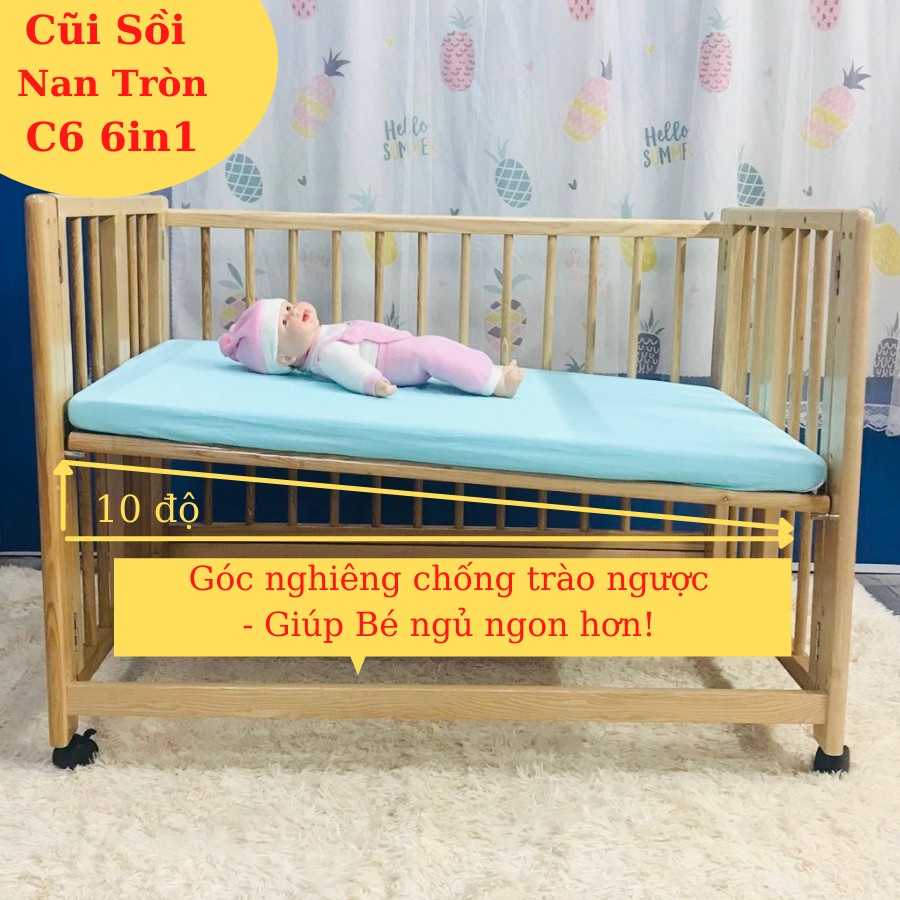 Nôi Cũi Cho Em Bé Đa Năng 6IN1 GOLDCAT CS6T Chất Gỗ Sồi Nan Tròn Chống Trào Ngược