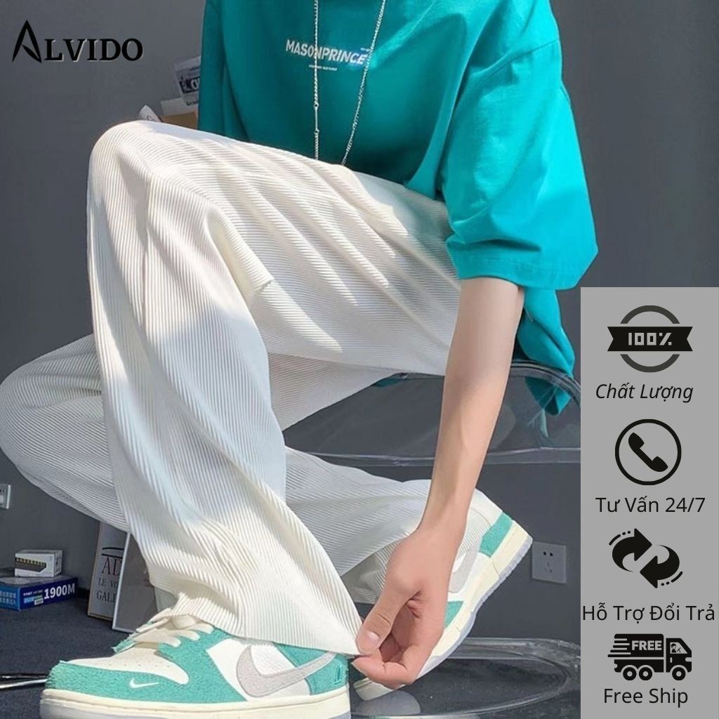 Quần Ống Rộng ALVIDO Quần Thun Nam Unisex - Quần Ống Xuông Nam Vải Nhung Tăm Phong Cách Đường Phố QD322 Hottren 2022