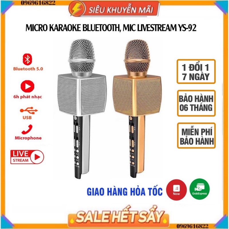 MIC KARAOKE BLUETOOTH YS 92 - MICRO CAO CẤP - LIVESTREAM - ÂM THANH SỐNG ĐỘNG - THẺ NHỚ - GHI ÂM