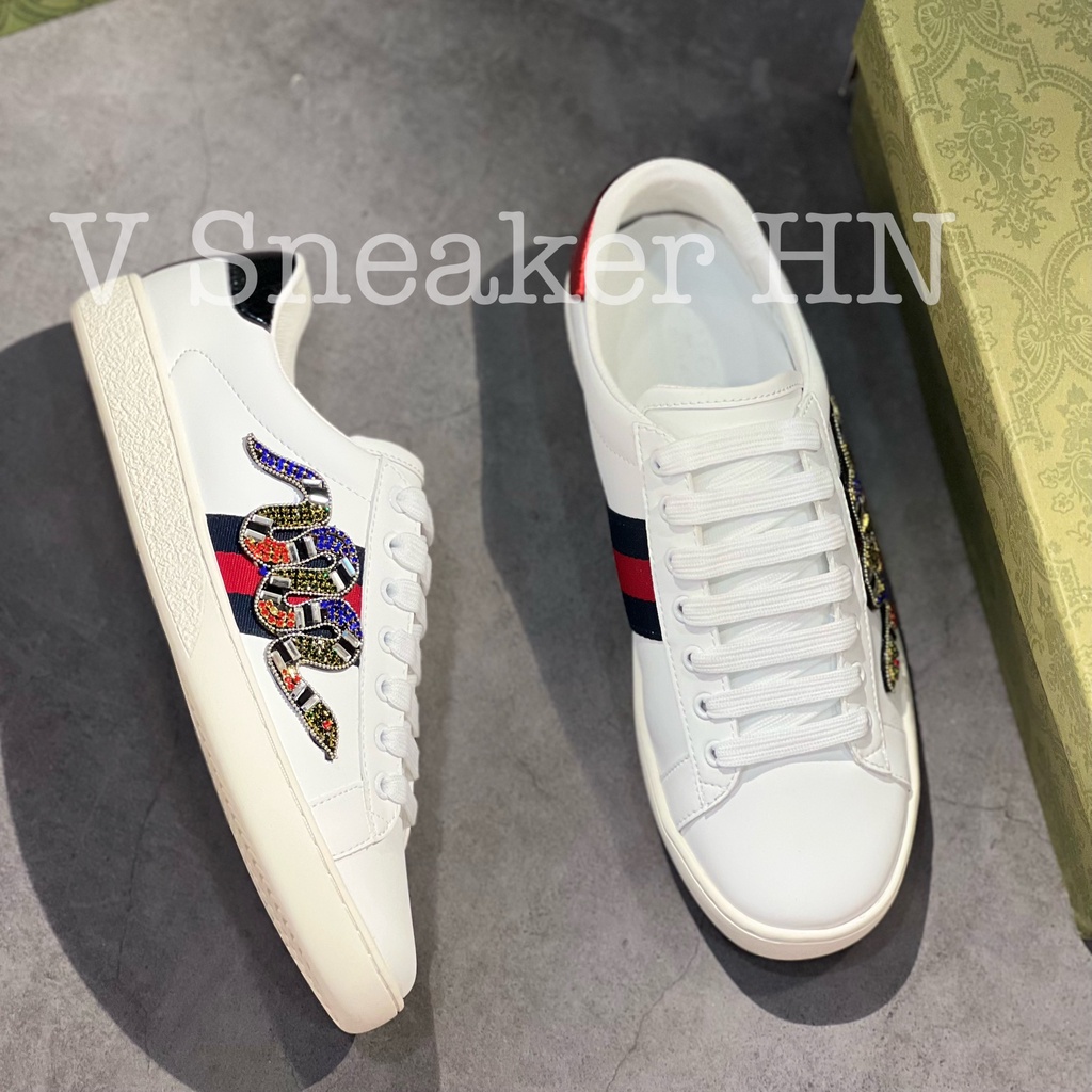 Giày Sneaker Da Nam Nữ Rắn Đính Đá Gót 2 Màu mẫu mới hàng cao cấp cực chất, Gucci đính đá