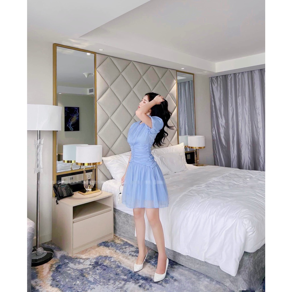 Váy nữ thiết kế dự tiệc, Đầm nhún bèo ly che bụng trẻ trung , dễ thương
