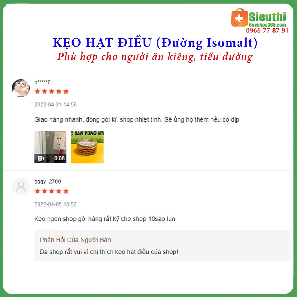 Kẹo hạt điều dành cho người tiểu đường, ăn kiêng, kẹo dinh dưỡng hộp 190g Siêu Thị Sức Khoẻ 365