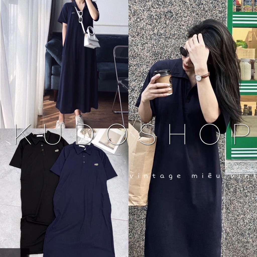 Váy suông nữ cổ polo họa tiết cá sấu dáng rộng 2 màu/ Đầm nữ dáng dài qua gối cổ bẻ thanh lịch mặc đi làm, đi chơi