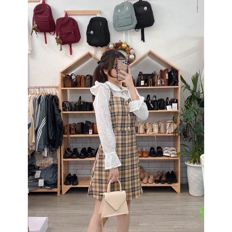 SET YẾM CARO KÈM ÁO REN HOA TAY LOE