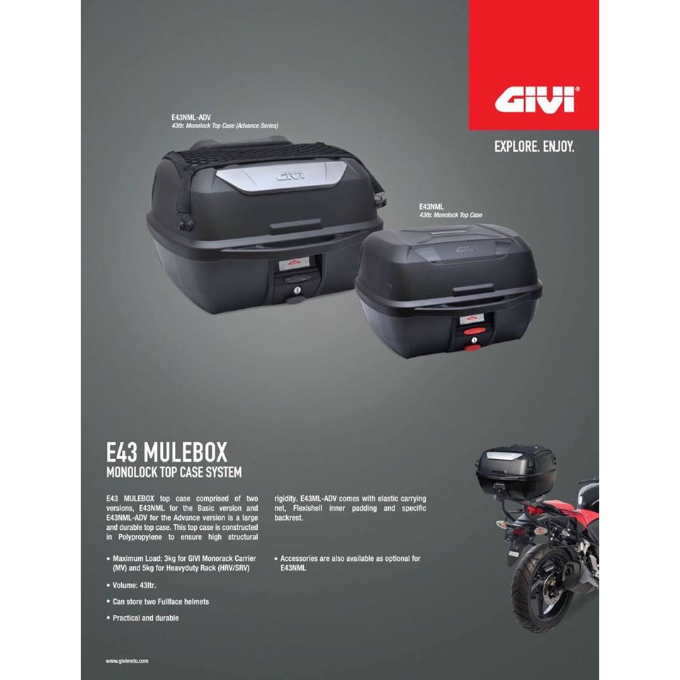 Thùng Givi E43NTL Monolock 43 Lít - kèm đế M70P + Phần Quà 100k Bất Ngờ